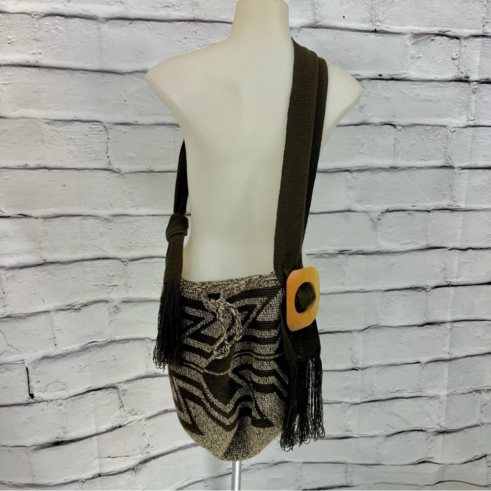 HIPPIE Bucket Bag 16X12x9 Brown Geometric 20”AdjStrap Woven Drawstring Y2K